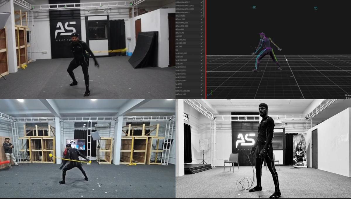 A behind-the-stills collage showing the motion-capture technique that was used in the making of ‘Son of Thanjai’